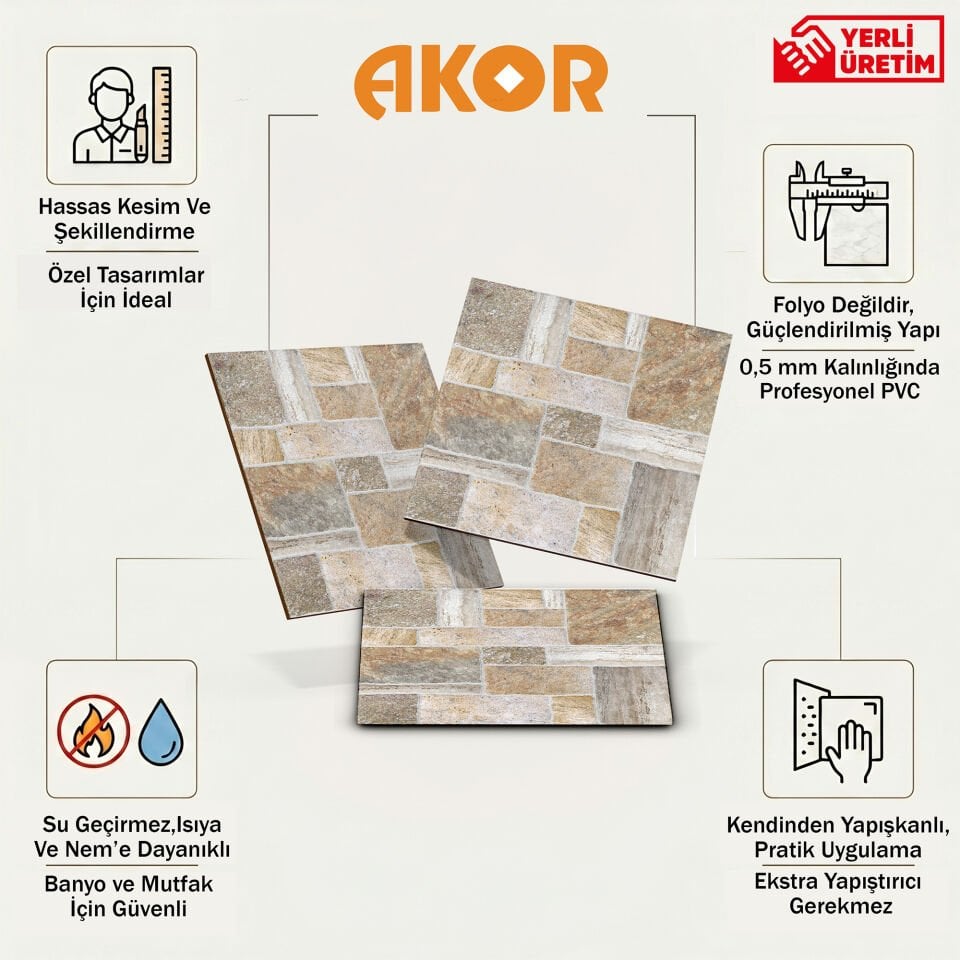 Kendinden Yapışkanlı PVC Duvar & Zemin Kaplama 30x30 cm Suya Dayanıklı Dekoratif Panel