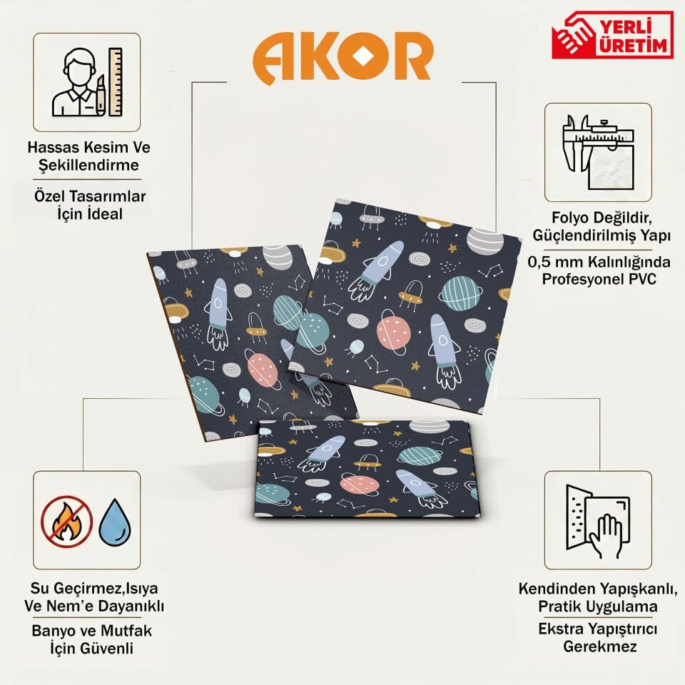 Kendinden Yapışkanlı PVC Duvar & Zemin Kaplama 30x30 cm Suya Dayanıklı Dekoratif Panel