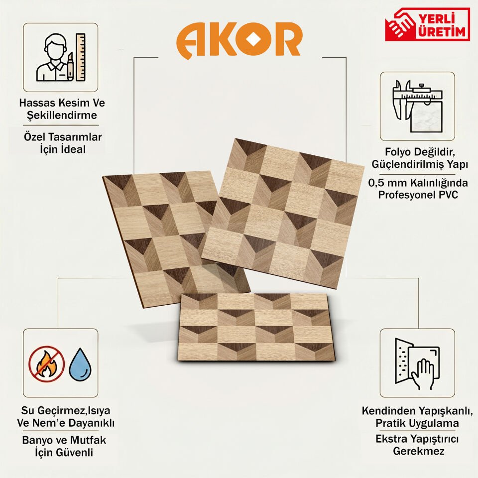 Kendinden Yapışkanlı PVC Duvar & Zemin Kaplama 30x30 cm Suya Dayanıklı Dekoratif Panel