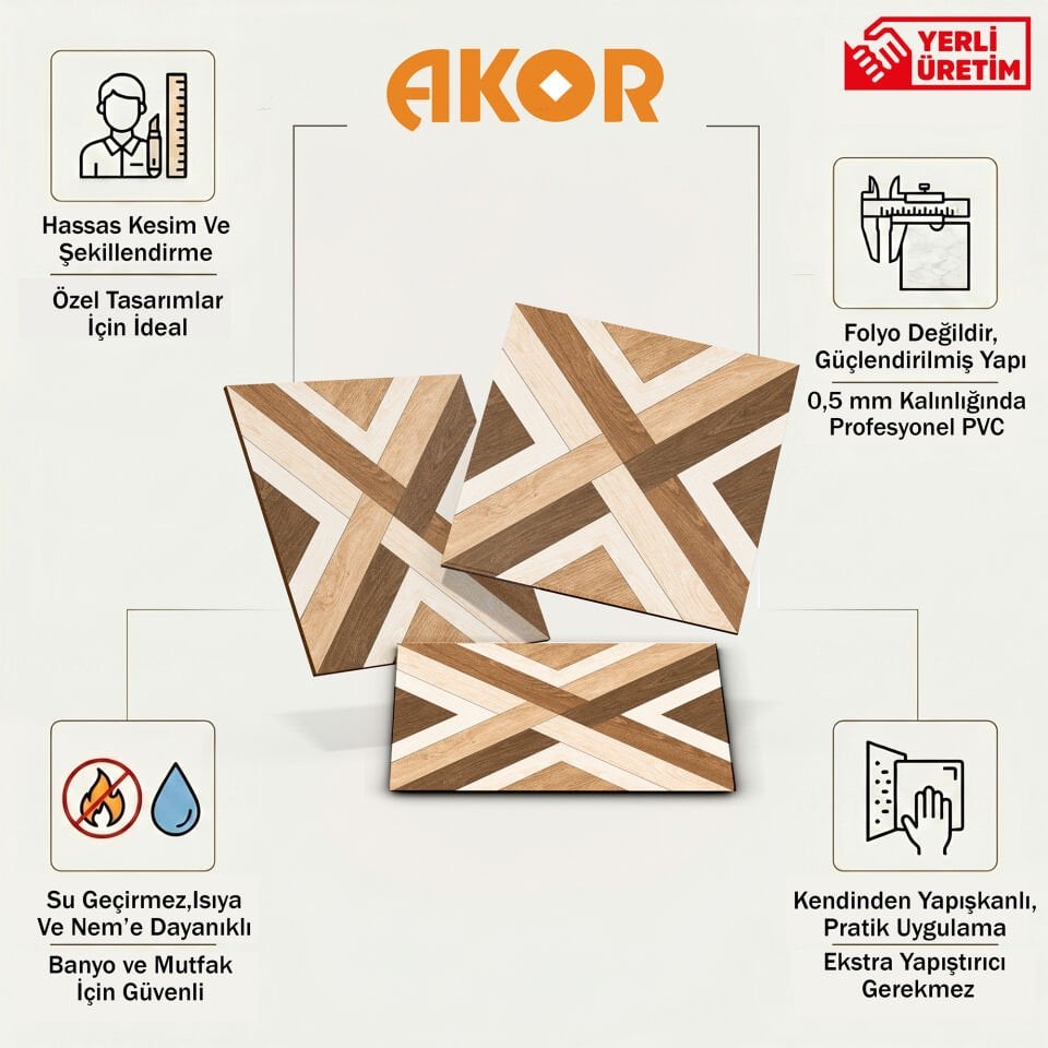 Kendinden Yapışkanlı PVC Duvar & Zemin Kaplama 30x30 cm Suya Dayanıklı Dekoratif Panel