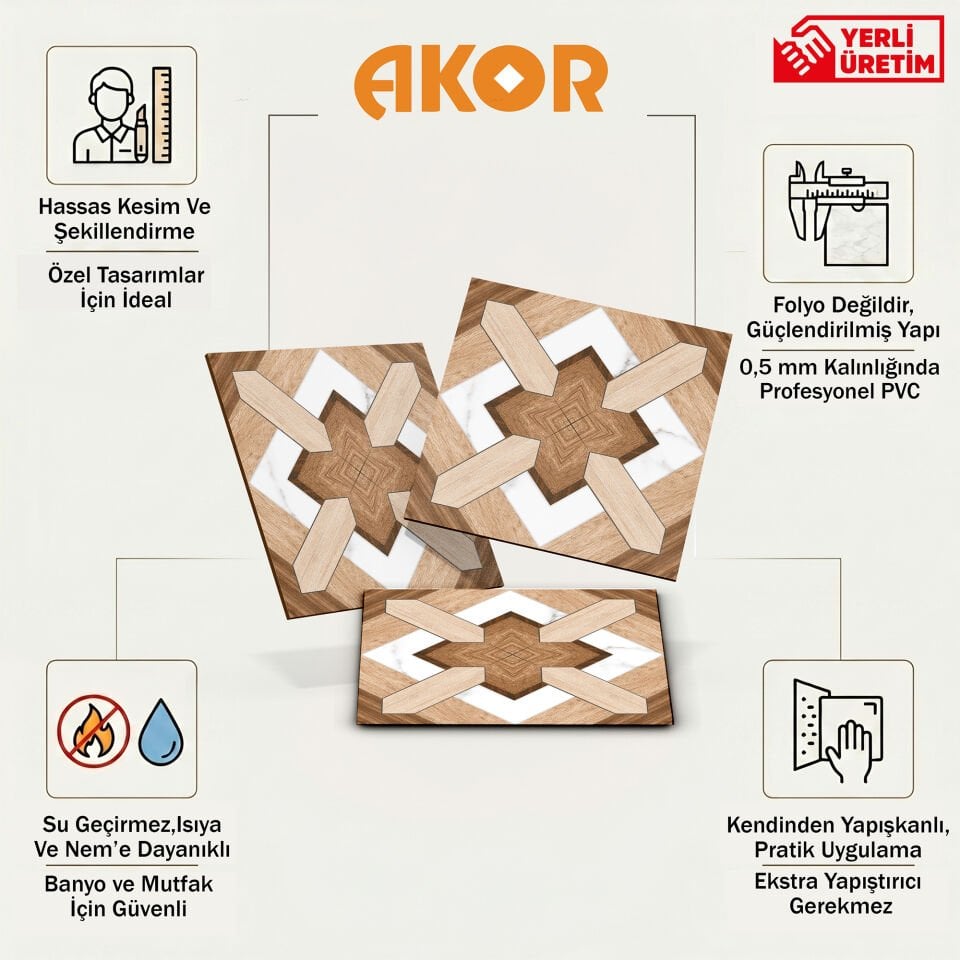 Kendinden Yapışkanlı PVC Duvar & Zemin Kaplama 30x30 cm Suya Dayanıklı Dekoratif Panel