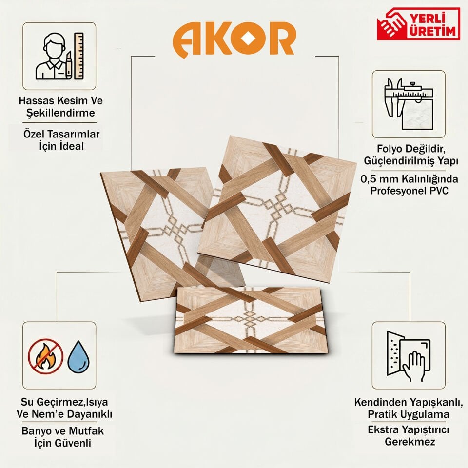 Kendinden Yapışkanlı PVC Duvar & Zemin Kaplama 30x30 cm Suya Dayanıklı Dekoratif Panel