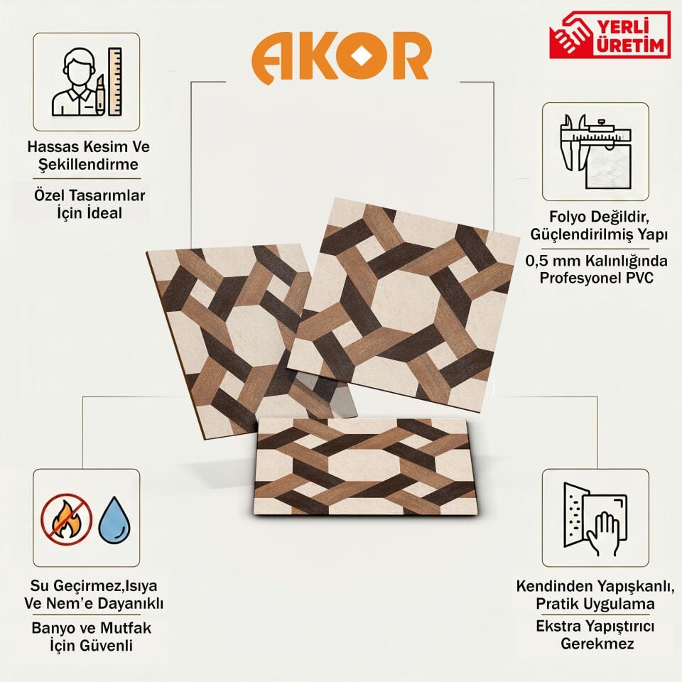Kendinden Yapışkanlı PVC Duvar & Zemin Kaplama 30x30 cm Suya Dayanıklı Dekoratif Panel