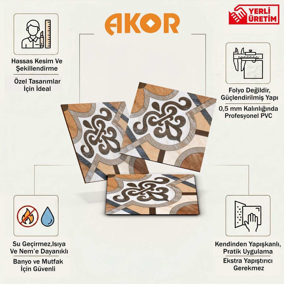 Kendinden Yapışkanlı PVC Duvar & Zemin Kaplama 30x30 cm Suya Dayanıklı Dekoratif Panel