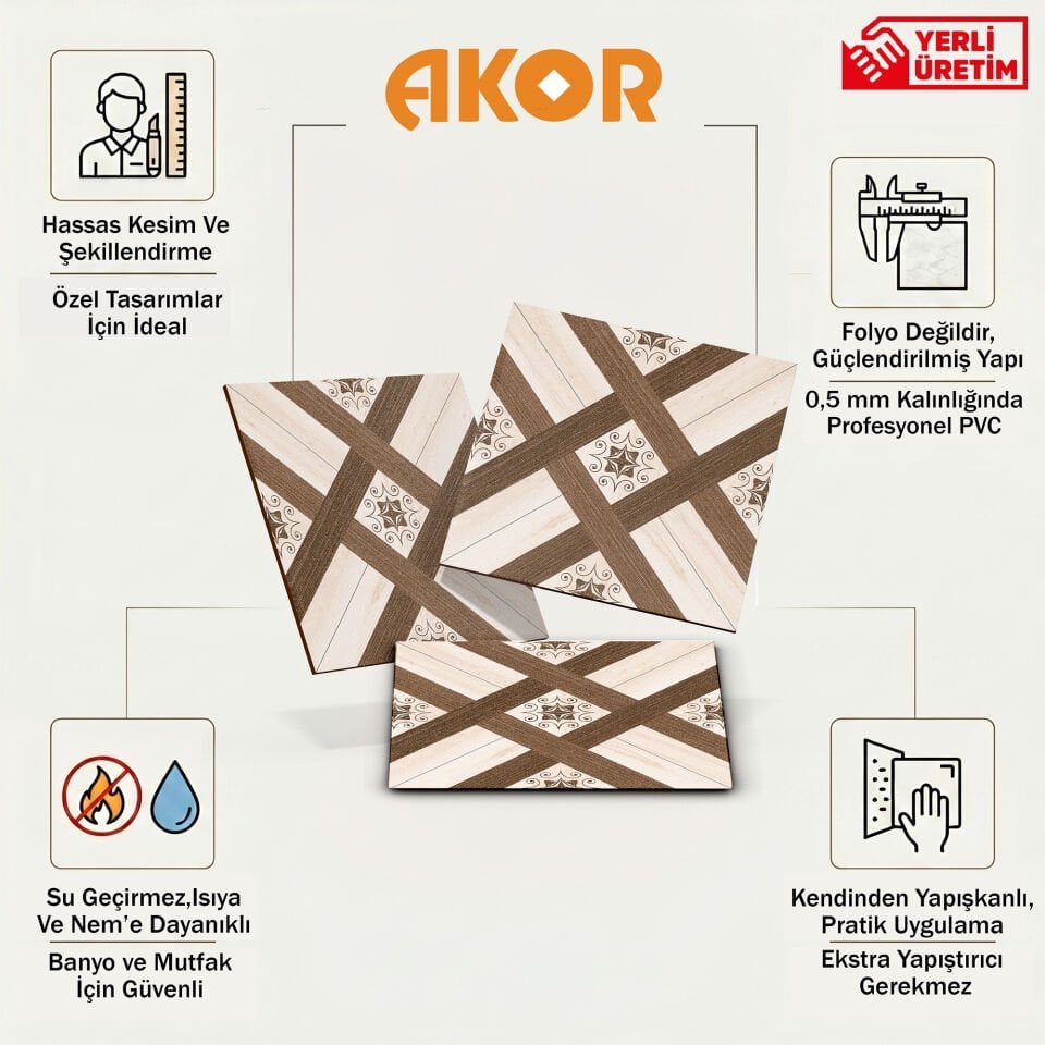 Kendinden Yapışkanlı PVC Duvar & Zemin Kaplama 30x30 cm Suya Dayanıklı Dekoratif Panel