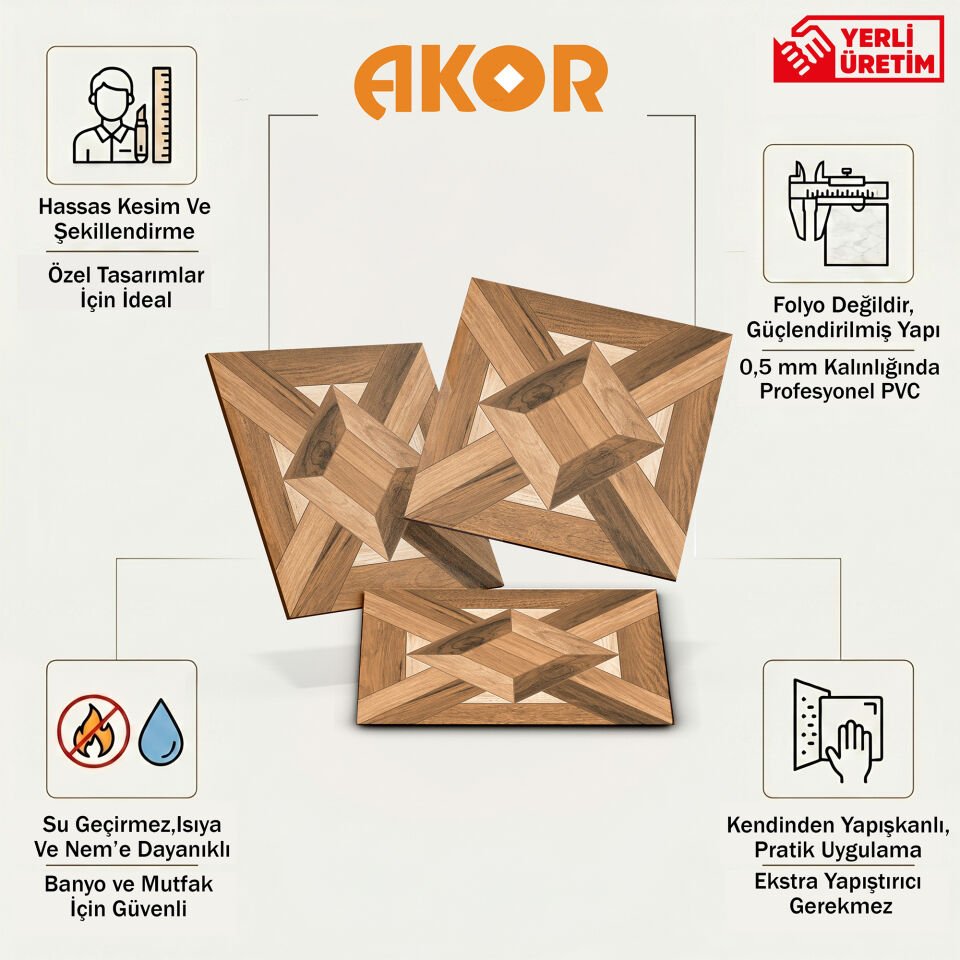 Kendinden Yapışkanlı PVC Duvar & Zemin Kaplama 30x30 cm Suya Dayanıklı Dekoratif Panel