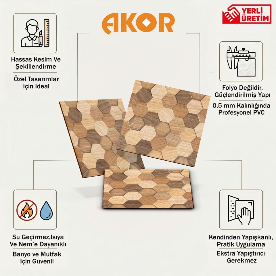 Kendinden Yapışkanlı PVC Duvar & Zemin Kaplama 30x30 cm Suya Dayanıklı Dekoratif Panel