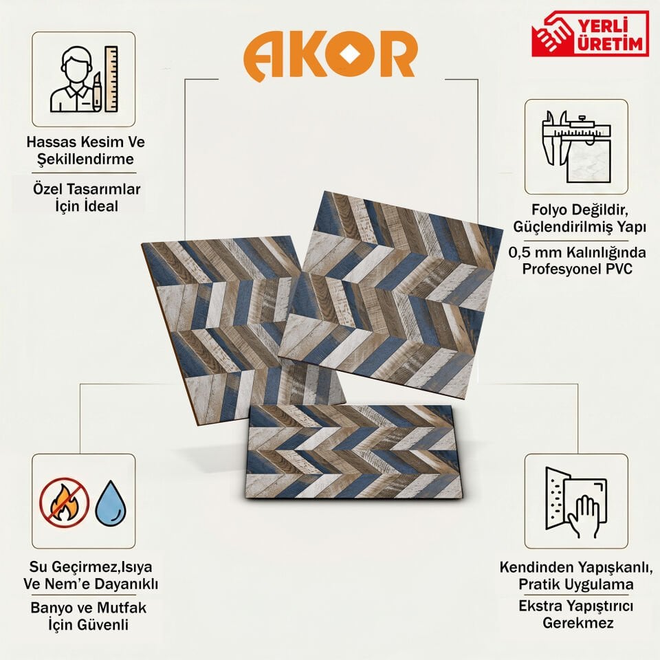 Kendinden Yapışkanlı PVC Duvar & Zemin Kaplama 30x30 cm Suya Dayanıklı Dekoratif Panel
