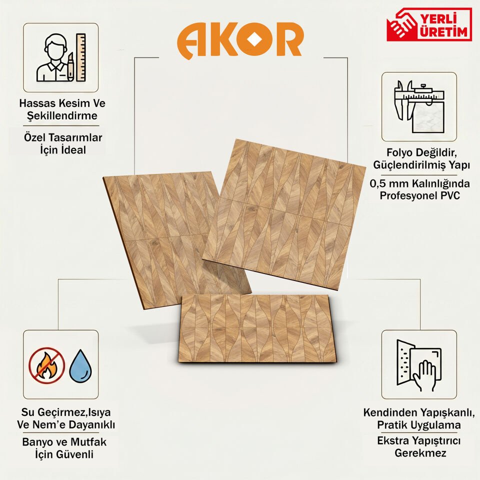 Kendinden Yapışkanlı PVC Duvar & Zemin Kaplama 30x30 cm Suya Dayanıklı Dekoratif Panel