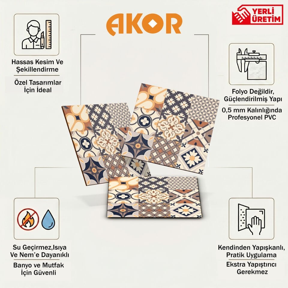 Kendinden Yapışkanlı PVC Duvar & Zemin Kaplama 30x30 cm Suya Dayanıklı Dekoratif Panel
