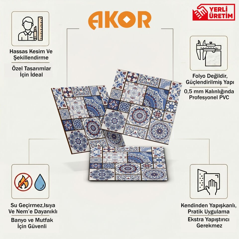 Kendinden Yapışkanlı PVC Duvar & Zemin Kaplama 30x30 cm Suya Dayanıklı Dekoratif Panel