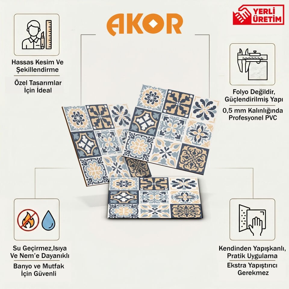 Kendinden Yapışkanlı PVC Duvar & Zemin Kaplama 30x30 cm Suya Dayanıklı Dekoratif Panel