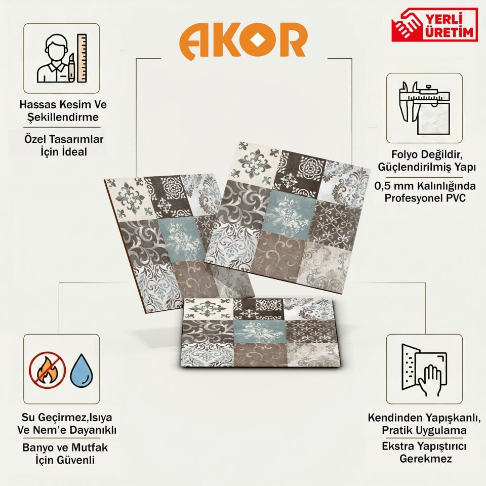Kendinden Yapışkanlı PVC Duvar & Zemin Kaplama 30x30 cm Suya Dayanıklı Dekoratif Panel