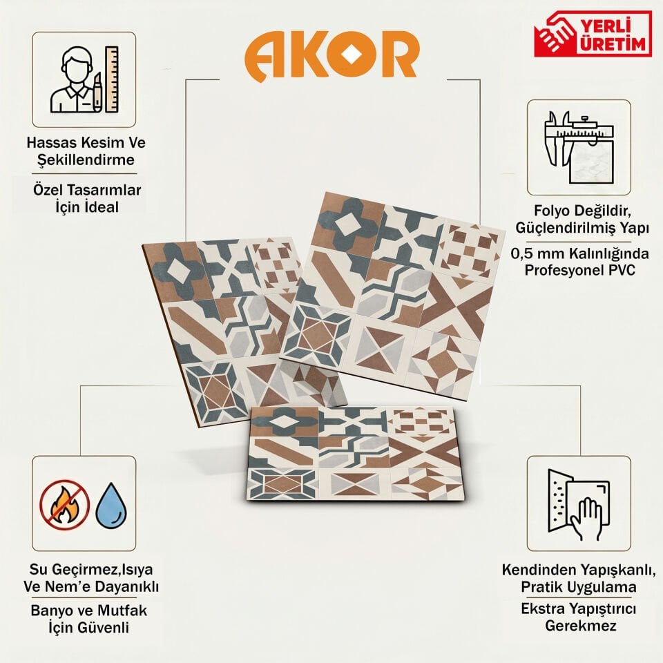 Kendinden Yapışkanlı PVC Duvar & Zemin Kaplama 30x30 cm Suya Dayanıklı Dekoratif Panel