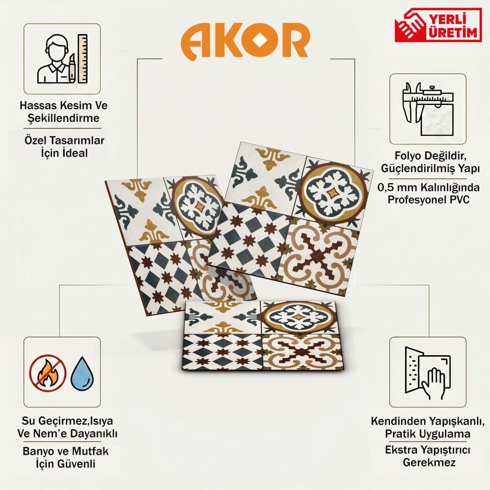 Kendinden Yapışkanlı PVC Duvar & Zemin Kaplama 30x30 cm Suya Dayanıklı Dekoratif Panel