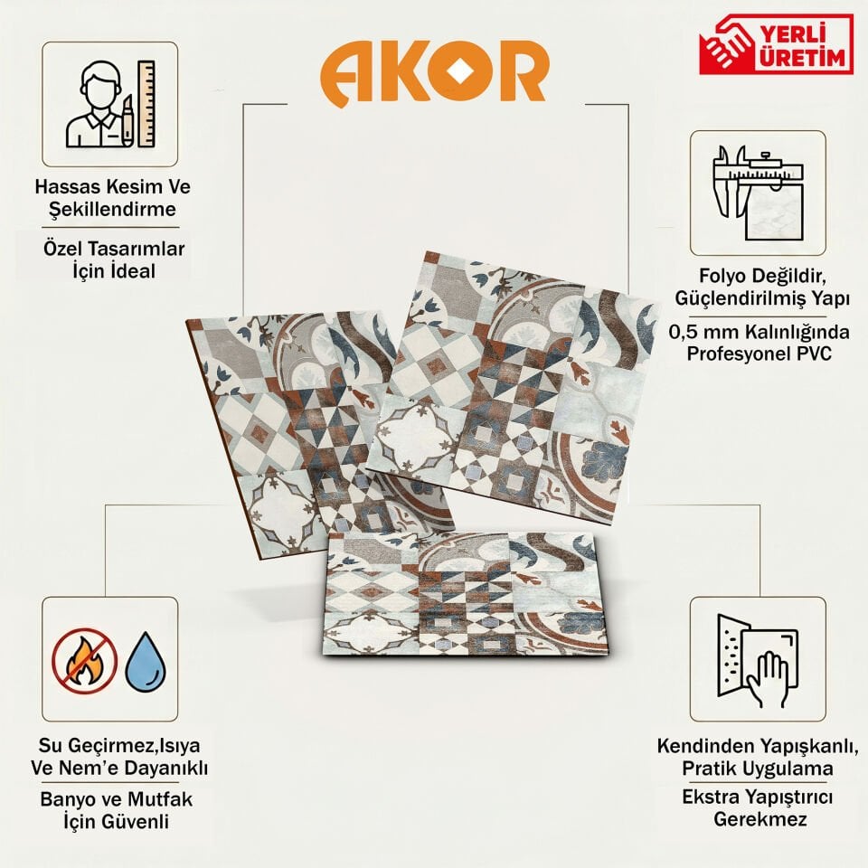 Kendinden Yapışkanlı PVC Duvar & Zemin Kaplama 30x30 cm Suya Dayanıklı Dekoratif Panel