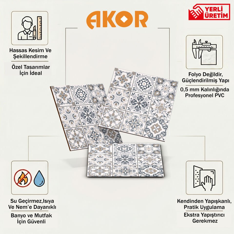 Kendinden Yapışkanlı PVC Duvar & Zemin Kaplama 30x30 cm Suya Dayanıklı Dekoratif Panel