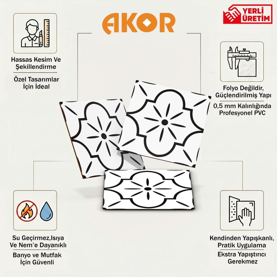 Kendinden Yapışkanlı PVC Duvar & Zemin Kaplama 30x30 cm Suya Dayanıklı Dekoratif Panel