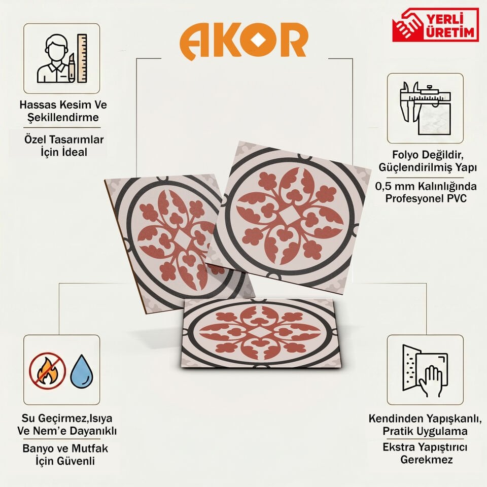 Kendinden Yapışkanlı PVC Duvar & Zemin Kaplama 30x30 cm Suya Dayanıklı Dekoratif Panel