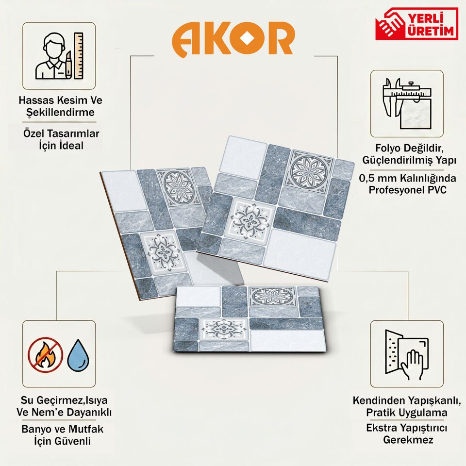 Kendinden Yapışkanlı PVC Duvar & Zemin Kaplama 30x30 cm Suya Dayanıklı Dekoratif Panel