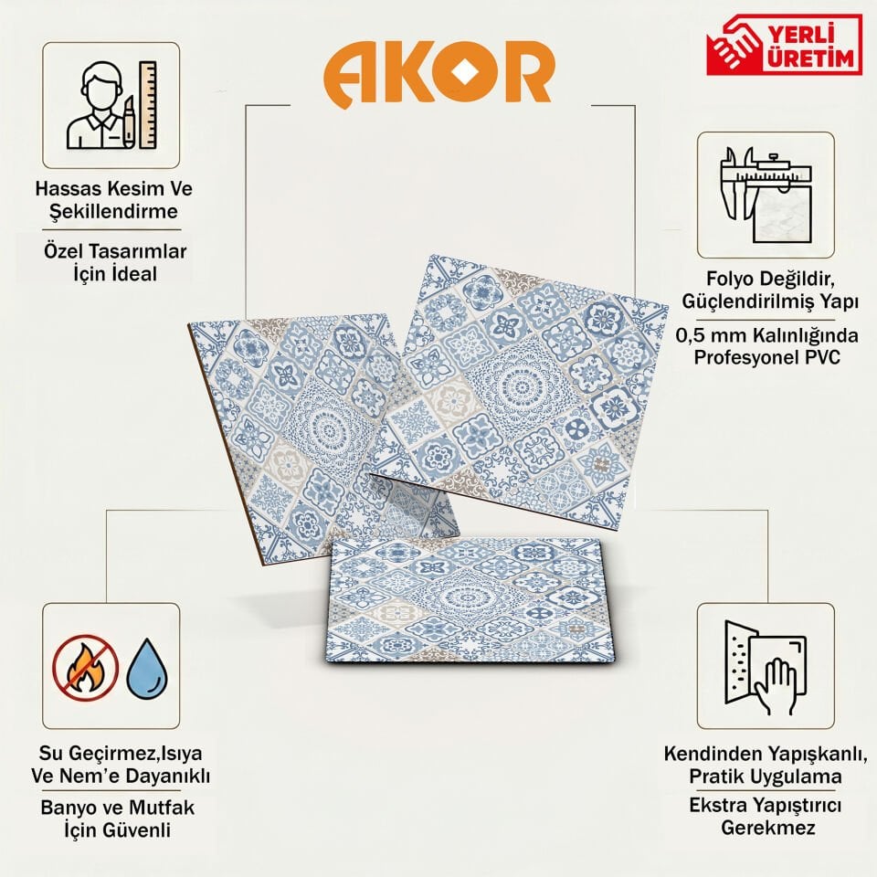 Kendinden Yapışkanlı PVC Duvar & Zemin Kaplama 30x30 cm Suya Dayanıklı Dekoratif Panel