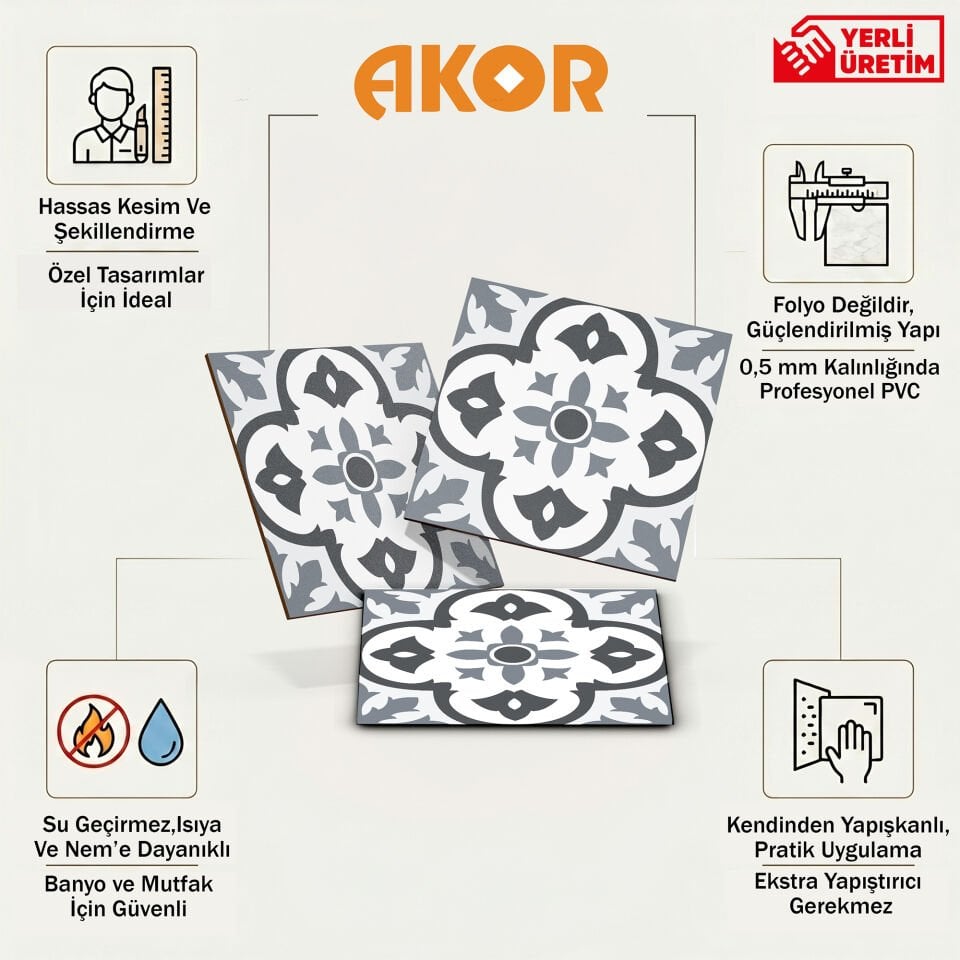 Kendinden Yapışkanlı PVC Duvar & Zemin Kaplama 30x30 cm Suya Dayanıklı Dekoratif Panel