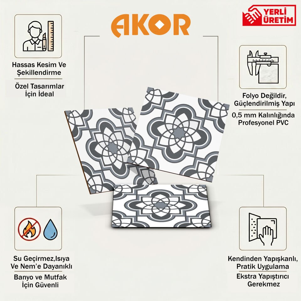 Kendinden Yapışkanlı PVC Duvar & Zemin Kaplama 30x30 cm Suya Dayanıklı Dekoratif Panel