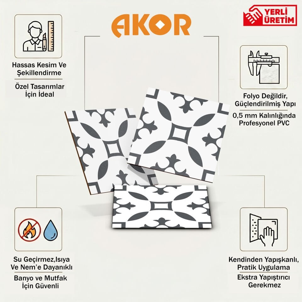 Kendinden Yapışkanlı PVC Duvar & Zemin Kaplama 30x30 cm Suya Dayanıklı Dekoratif Panel