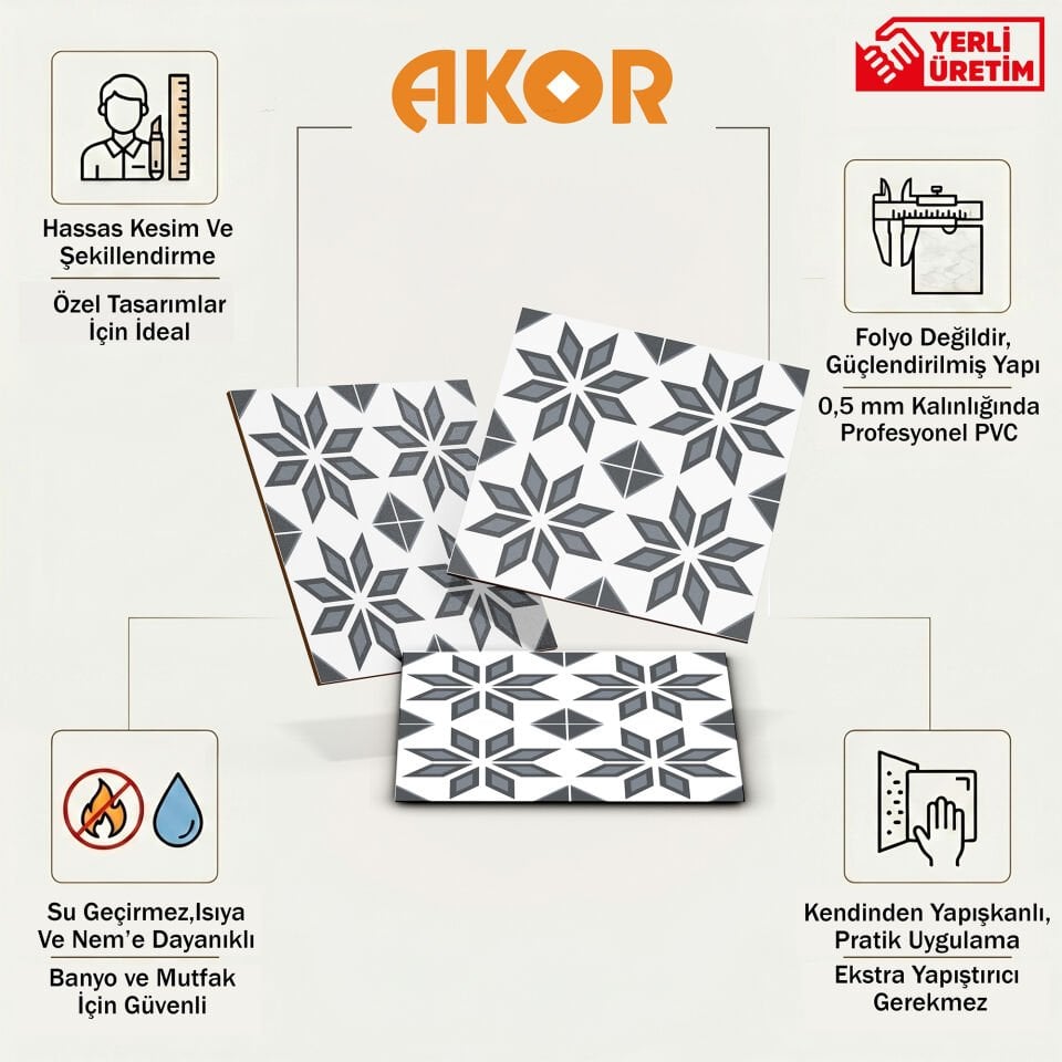 Kendinden Yapışkanlı PVC Duvar & Zemin Kaplama 30x30 cm Suya Dayanıklı Dekoratif Panel