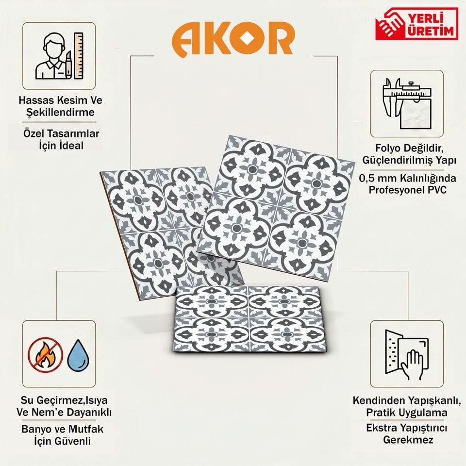 Kendinden Yapışkanlı PVC Duvar & Zemin Kaplama 30x30 cm Suya Dayanıklı Dekoratif Panel