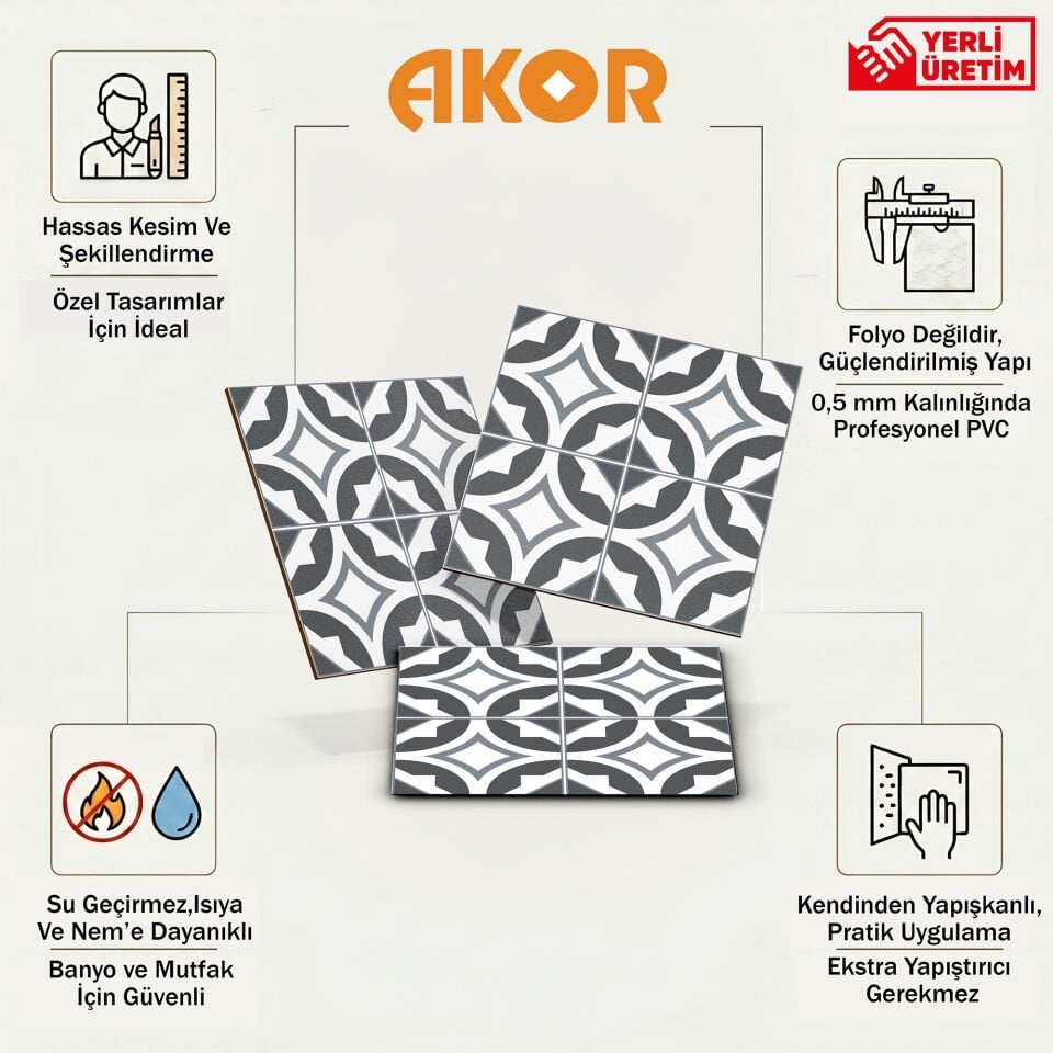 Kendinden Yapışkanlı PVC Duvar & Zemin Kaplama 30x30 cm Suya Dayanıklı Dekoratif Panel