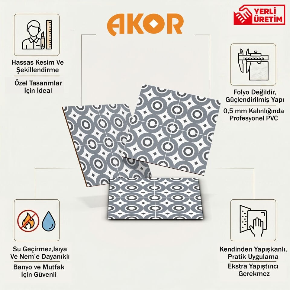 Kendinden Yapışkanlı PVC Duvar & Zemin Kaplama 30x30 cm Suya Dayanıklı Dekoratif Panel