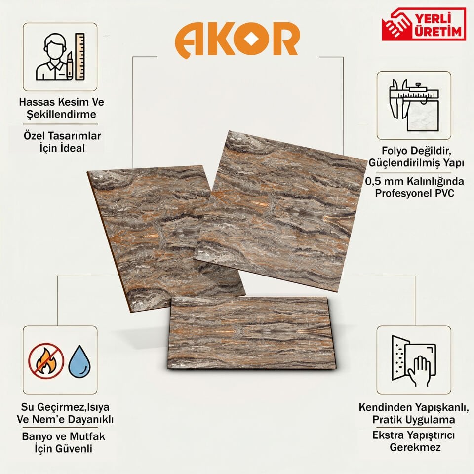 Kendinden Yapışkanlı PVC Duvar & Zemin Kaplama 60x60 cm Suya Dayanıklı Dekoratif Panel