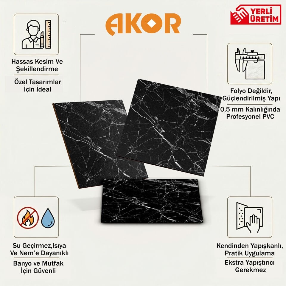 Kendinden Yapışkanlı PVC Duvar & Zemin Kaplama 60x60 cm Suya Dayanıklı Dekoratif Panel