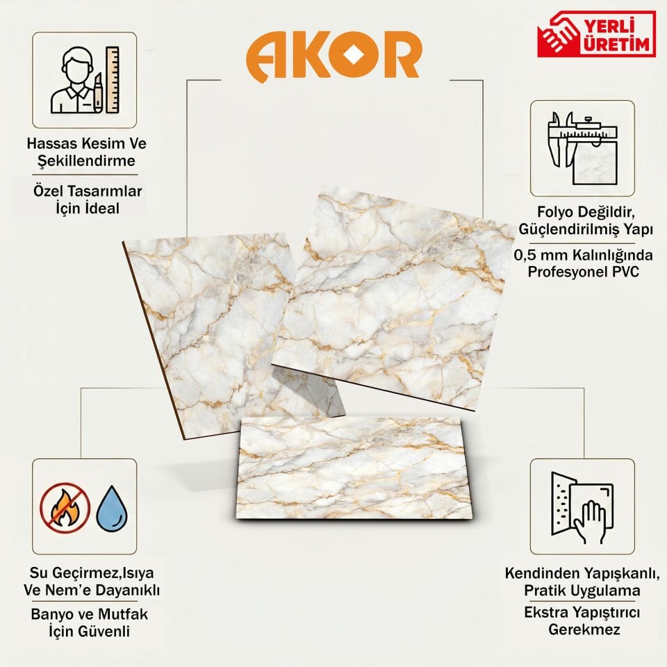 Kendinden Yapışkanlı PVC Duvar & Zemin Kaplama 60x60 cm Suya Dayanıklı Dekoratif Panel