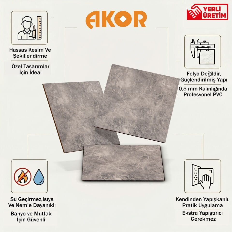 Kendinden Yapışkanlı PVC Duvar & Zemin Kaplama 60x60 cm Suya Dayanıklı Dekoratif Panel