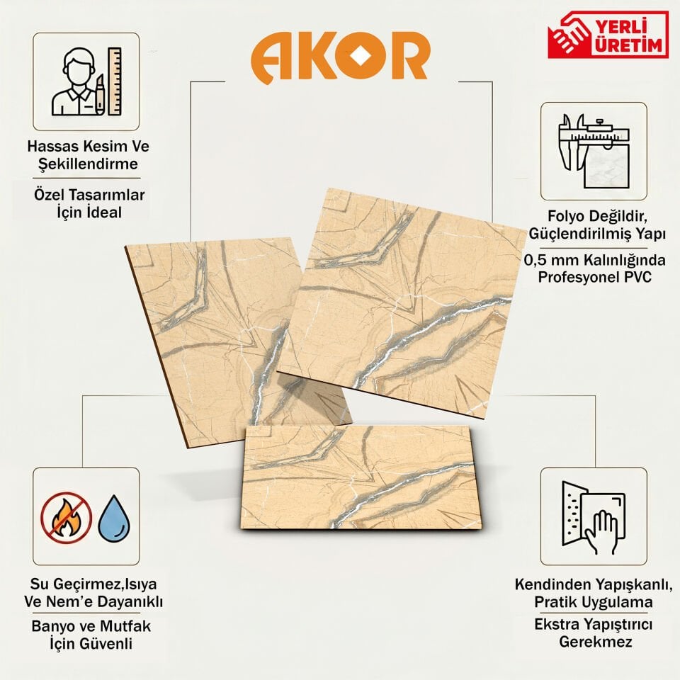 Kendinden Yapışkanlı PVC Duvar & Zemin Kaplama 60x60 cm Suya Dayanıklı Dekoratif Panel