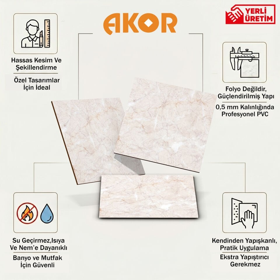 Kendinden Yapışkanlı PVC Duvar & Zemin Kaplama 60x60 cm Suya Dayanıklı Dekoratif Panel