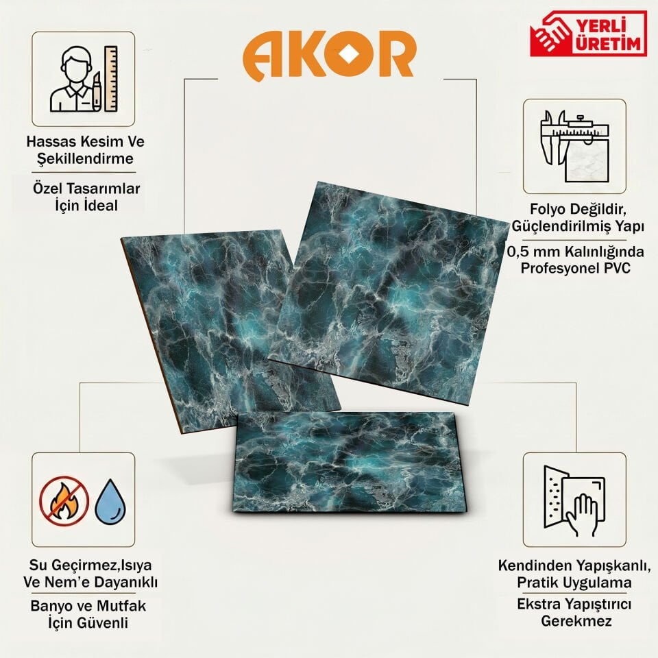 Kendinden Yapışkanlı PVC Duvar & Zemin Kaplama 60x60 cm Suya Dayanıklı Dekoratif Panel