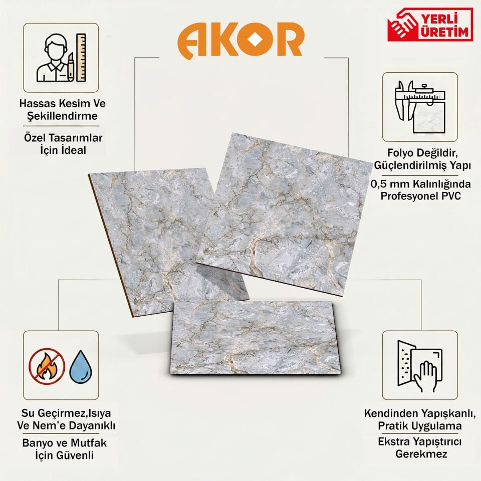 Kendinden Yapışkanlı PVC Duvar & Zemin Kaplama 60x60 cm Suya Dayanıklı Dekoratif Panel